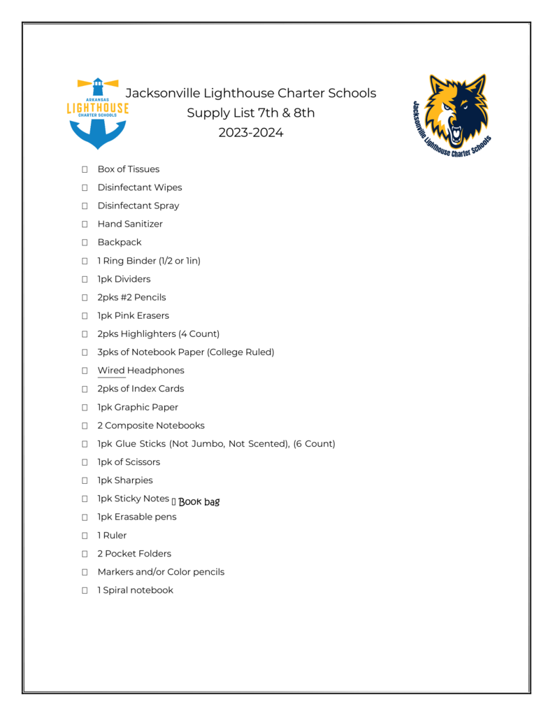 7th and 8th Grade School List 