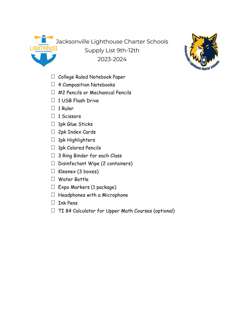 9th - 12th Grade School List 