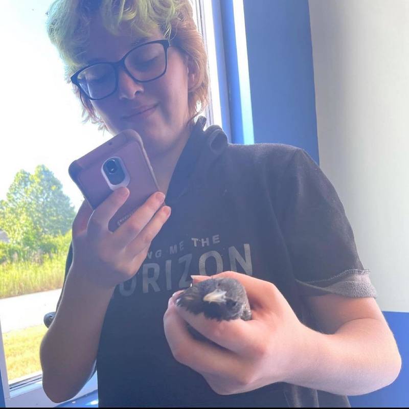 student saving bird on campus